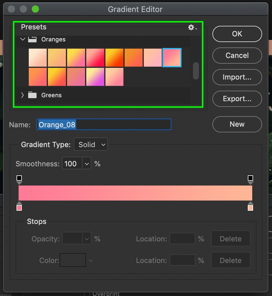 choosing preset gradient for image outline